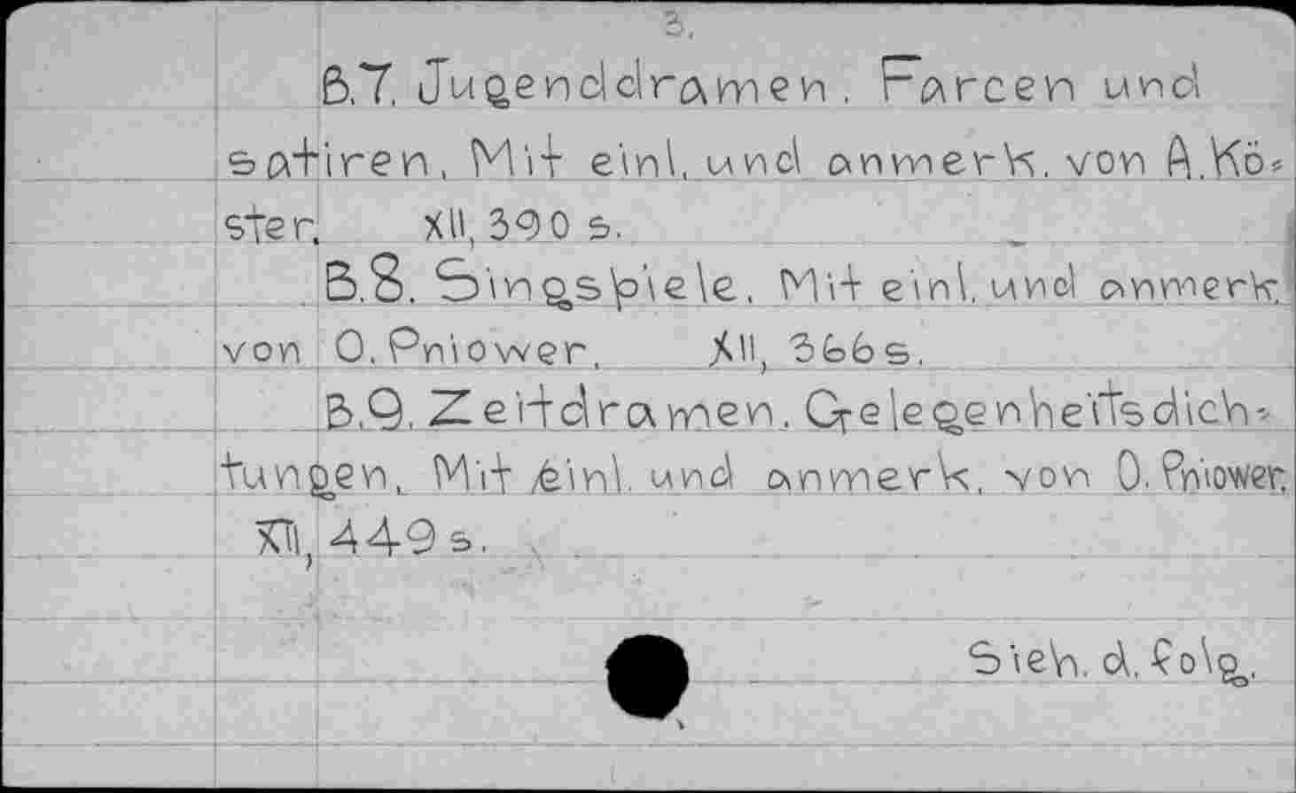 ﻿		6.7, Juoenclclranoen , Forcen und
	ecrHren, M'Л eïnl und u nm er \x. von А.Ко «	
	ster.	XU, 390 s.
		ß.S. <o\n<gsslp'\e\e. Md e'\n\, und awierk;
	von	O.Pniower,	3&>6s,
		&,Q, ~Z- eHärc\ vnen. Greleoenhe'itsdicVi-,
	tunoenL MF £inl und ommerVs. von O.faw.	
	KTl	4405.
	>	
		SleVi. c\, £o\po,
		